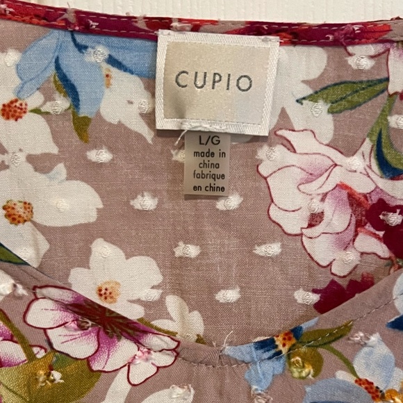 Cupio Blouse Large Taupe Floral Long Sleeve Boho Textured Dot Print Peasant Top - Picture 2 of 4